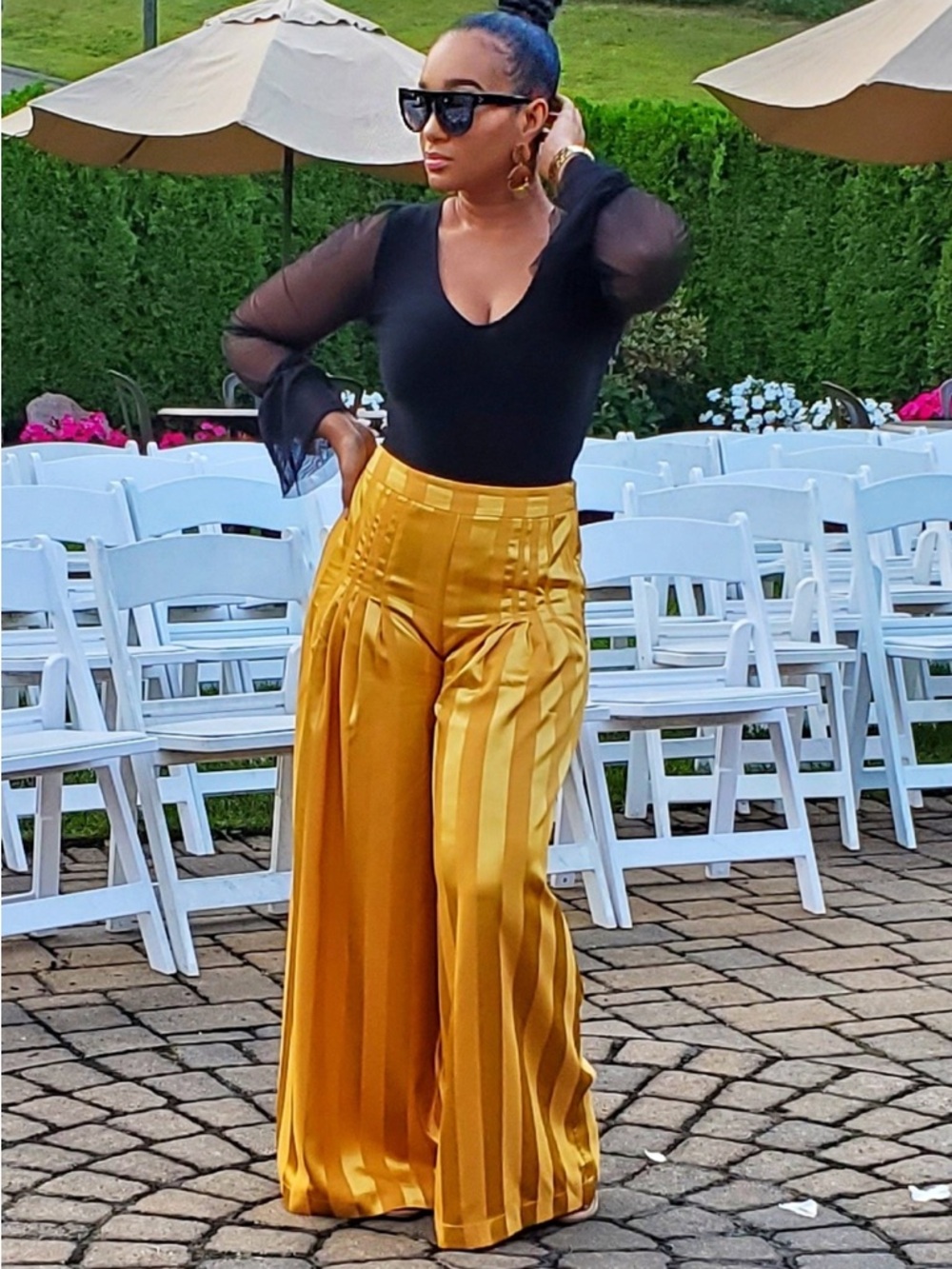 High-Waist Satin Wide-Leg Pants in Mustard Yellow